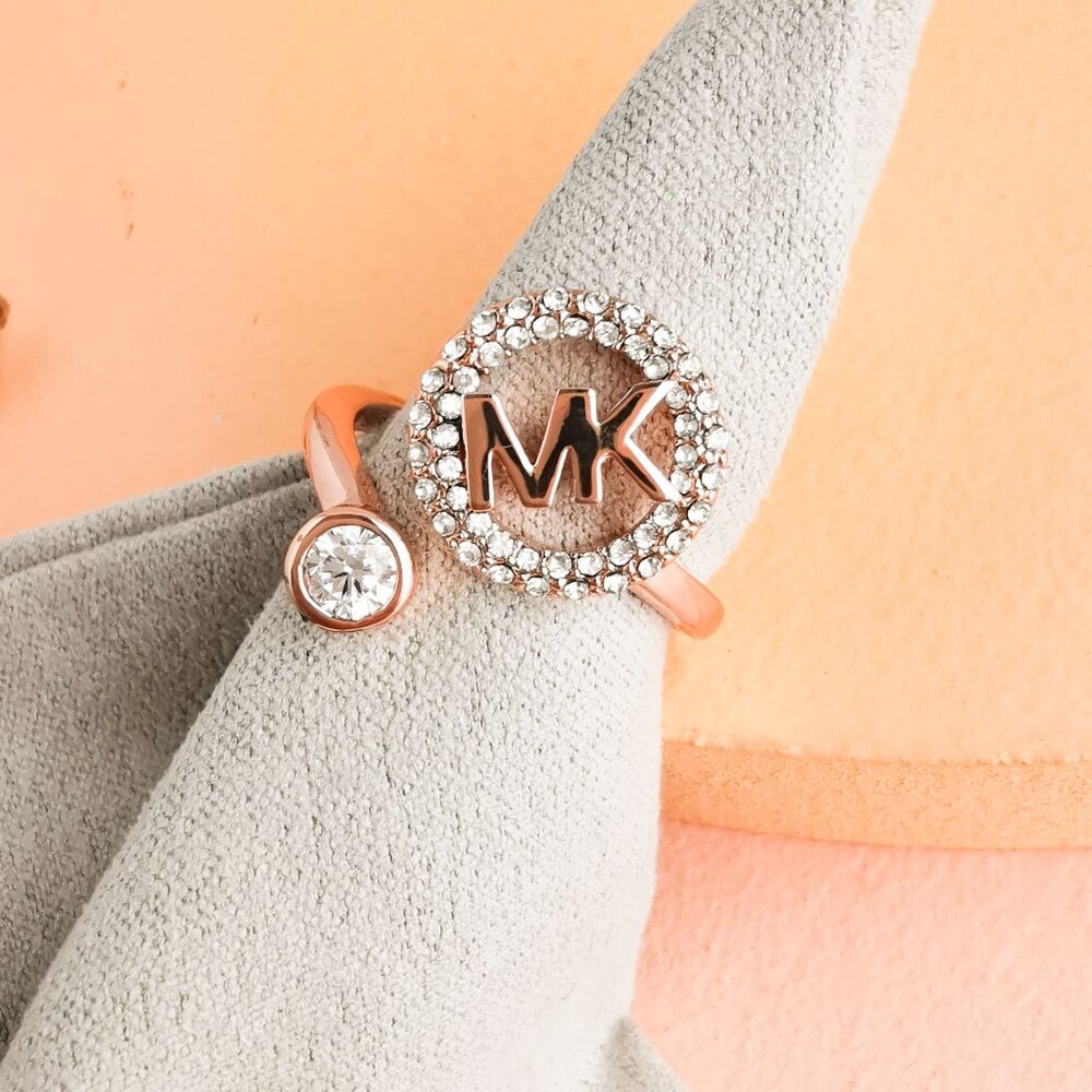 Michael Kors - Monogram Logo and Crystal Rose Gold open ring size 8 - NEW
